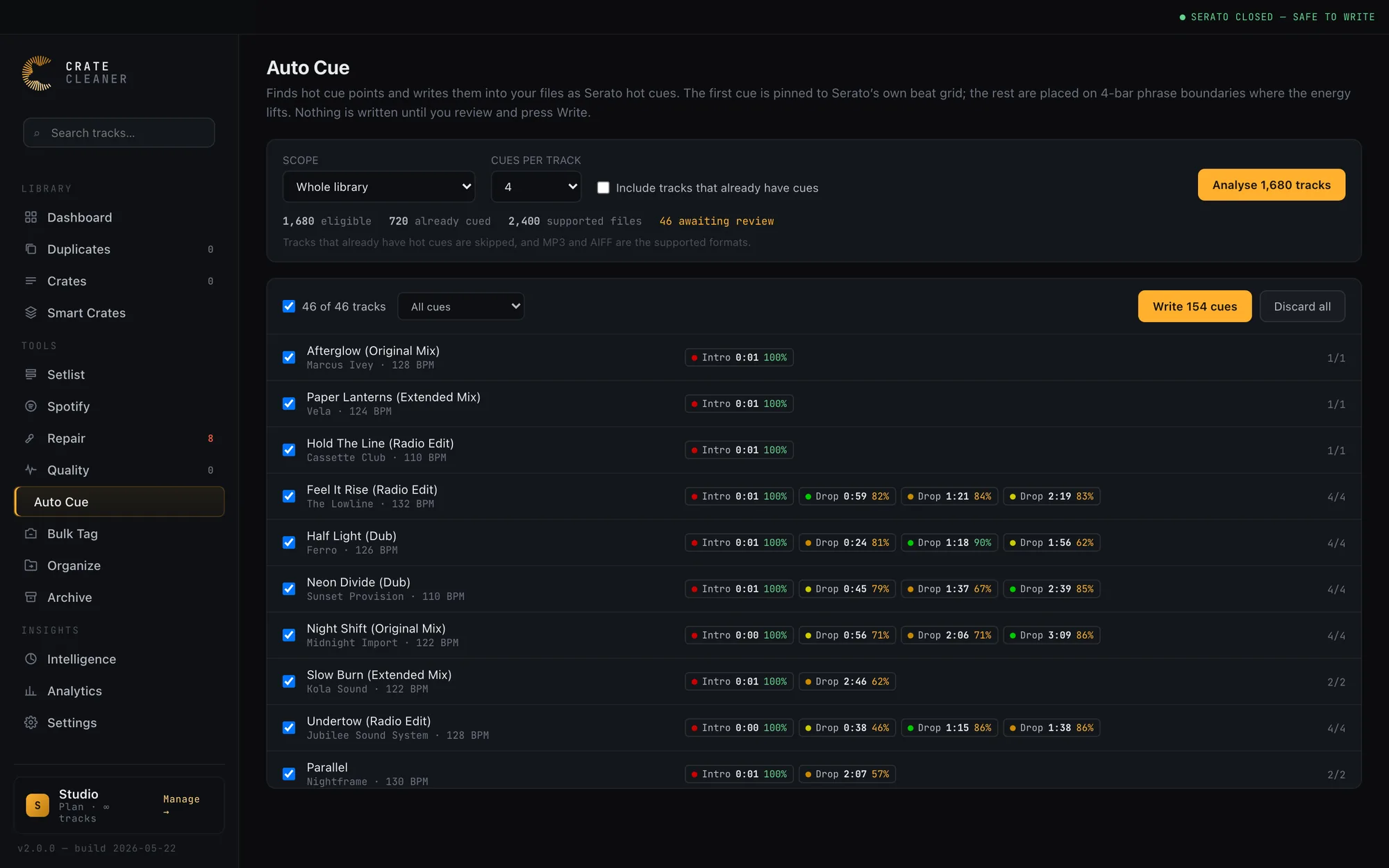 Crate Cleaner Auto Cue review queue proposing Serato hot cues across a library, each cue with a timestamp and confidence score