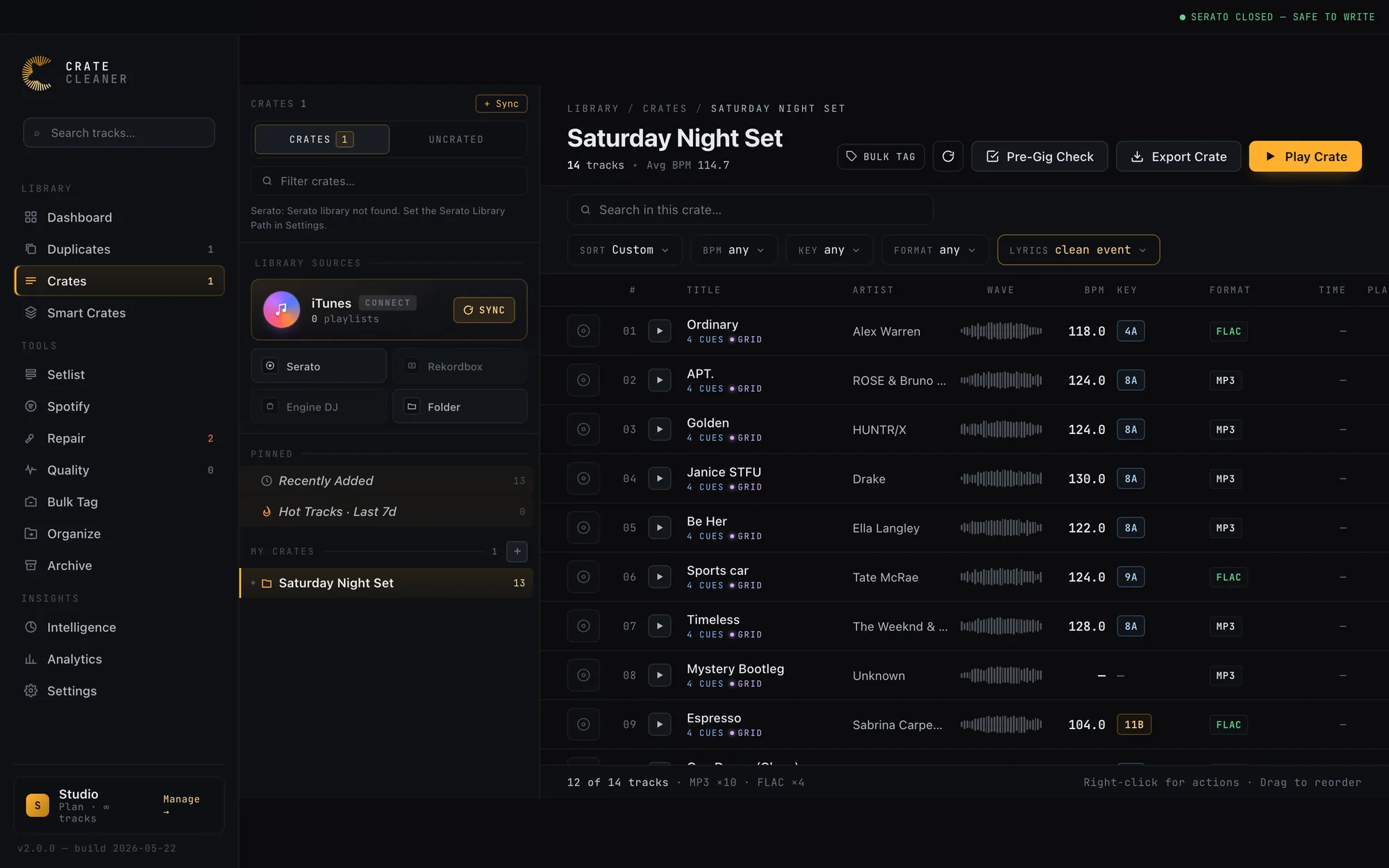 A Serato crate with the Lyrics filter set to clean event, hiding the explicit tracks and showing twelve of fourteen tracks
