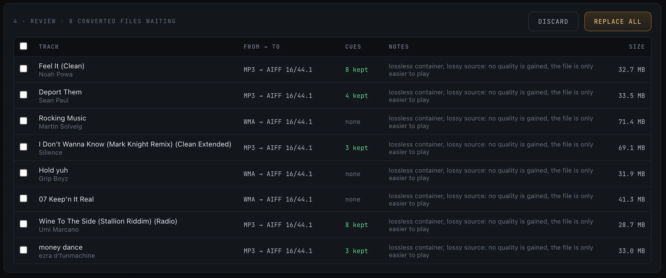 The review list after converting eight WMA and MP3 files to AIFF 16-bit 44.1 kHz, with 3 to 8 Serato cues kept on each MP3, notes and file sizes, and Discard and Replace all buttons