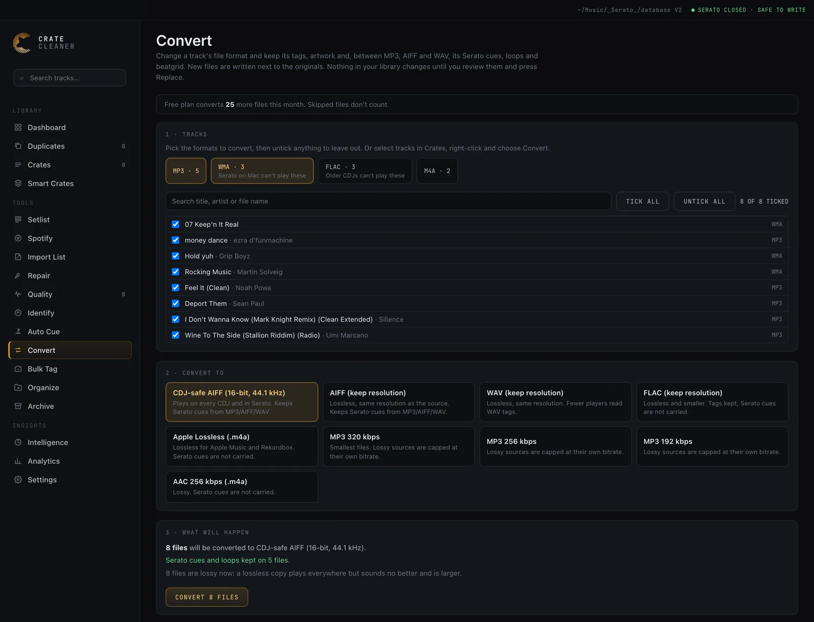 The Convert page with WMA and MP3 tracks ticked, CDJ-safe AIFF 16-bit 44.1 kHz chosen, and a preview saying 8 files will be converted with Serato cues and loops kept on 5