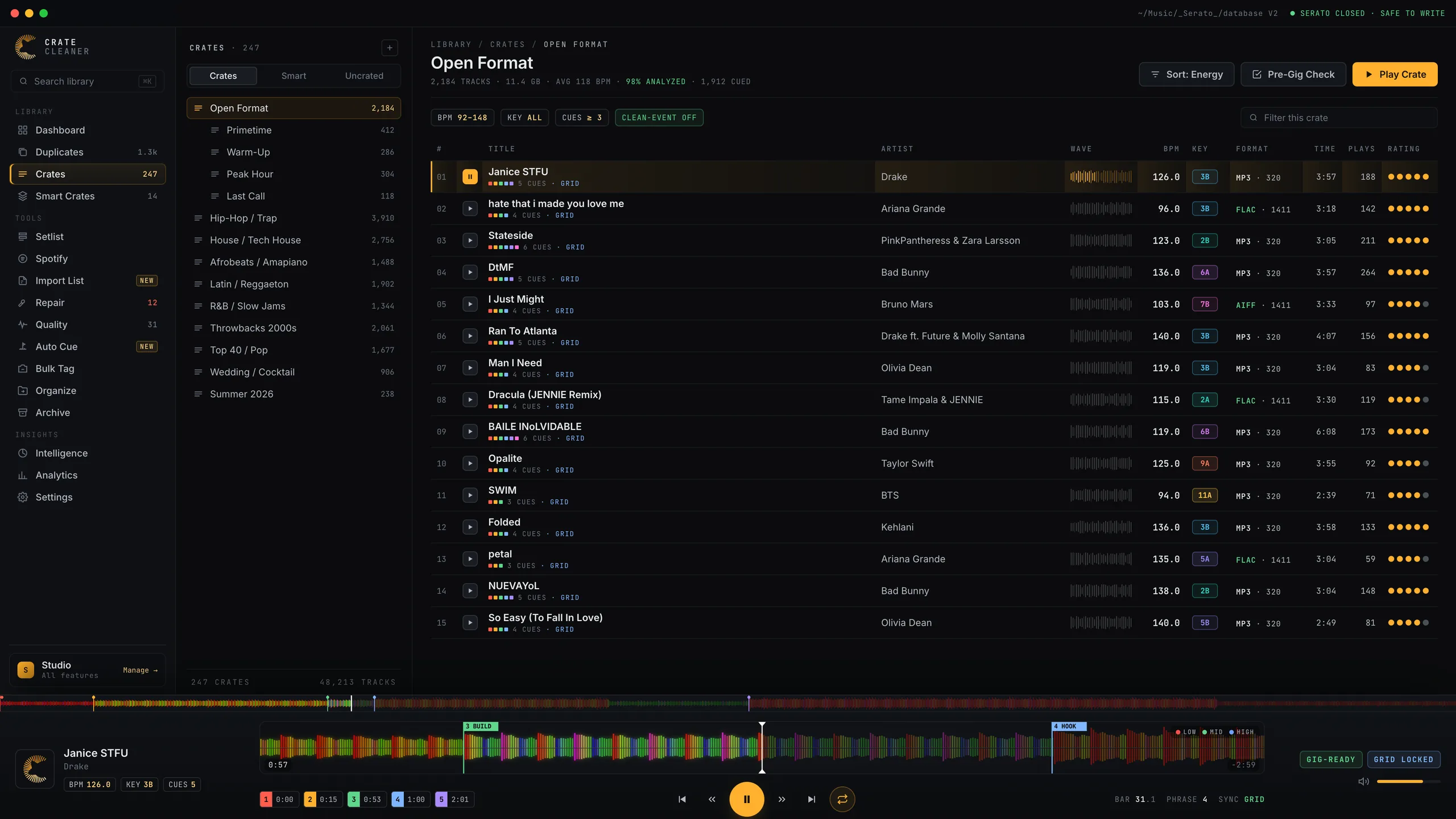 Crate Cleaner playing an Open Format crate of 2026 hits, with BPM, Camelot key, cue counts, and the player showing the waveform and Serato hot cues