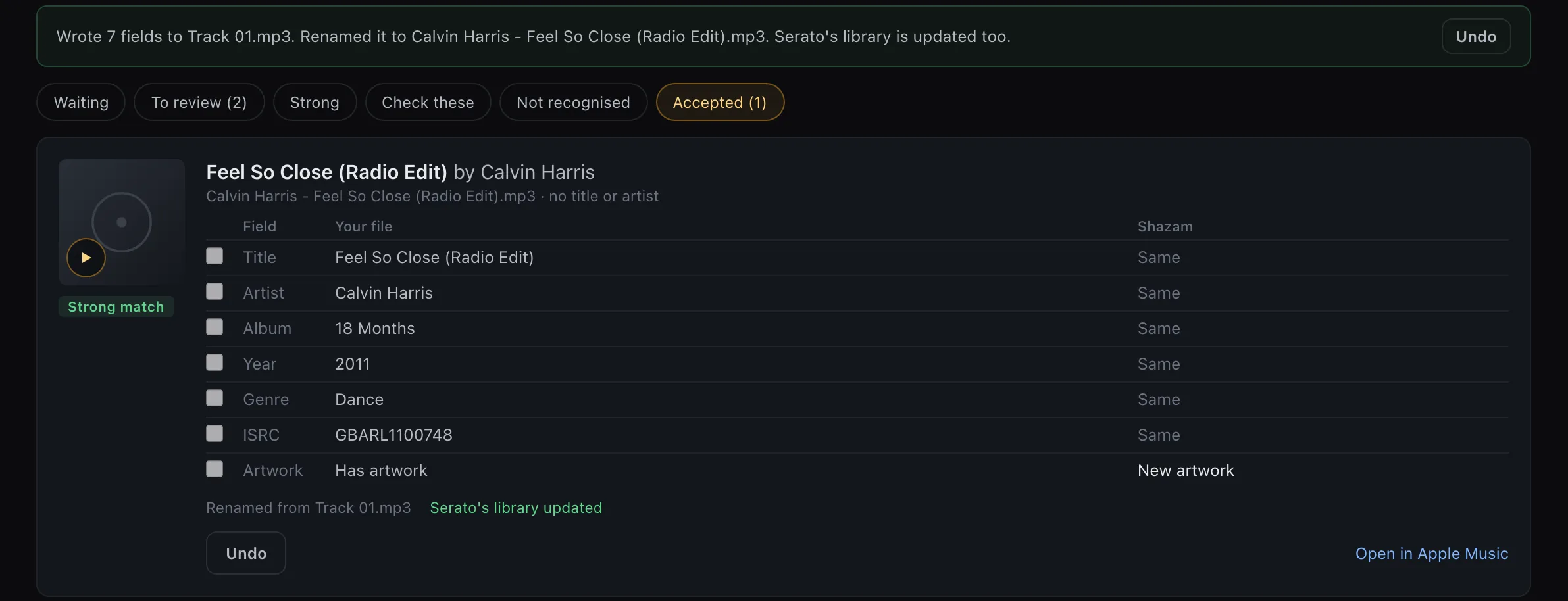 An accepted match: Track 01.mp3 renamed to Calvin Harris - Feel So Close (Radio Edit).mp3, seven fields written, Serato's library updated, with an Undo button