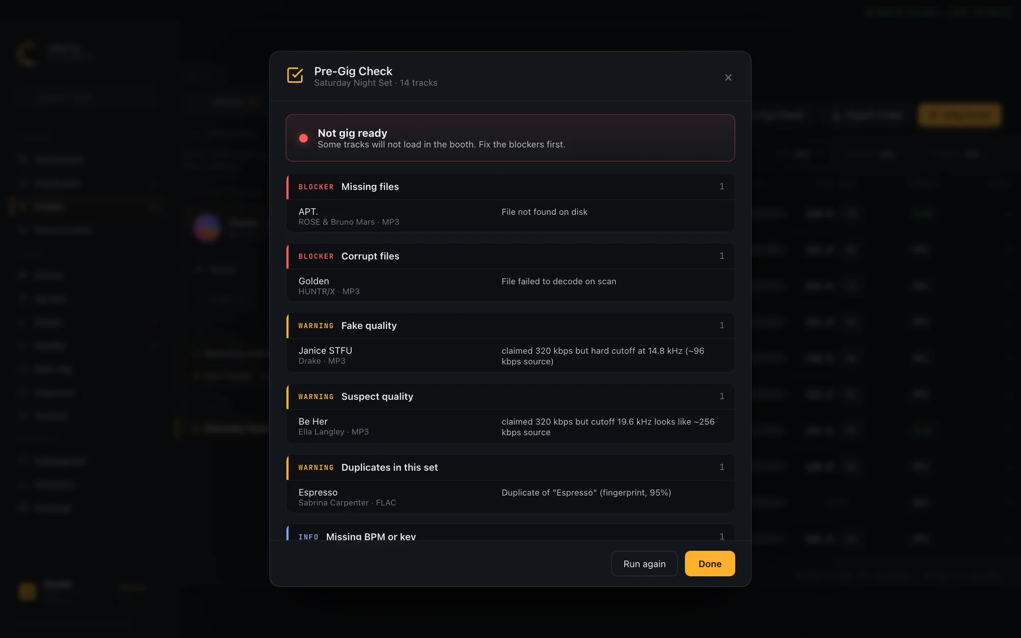 The Pre-Gig Check modal auditing a crate, showing blockers for missing and corrupt files and warnings for fake quality and duplicates